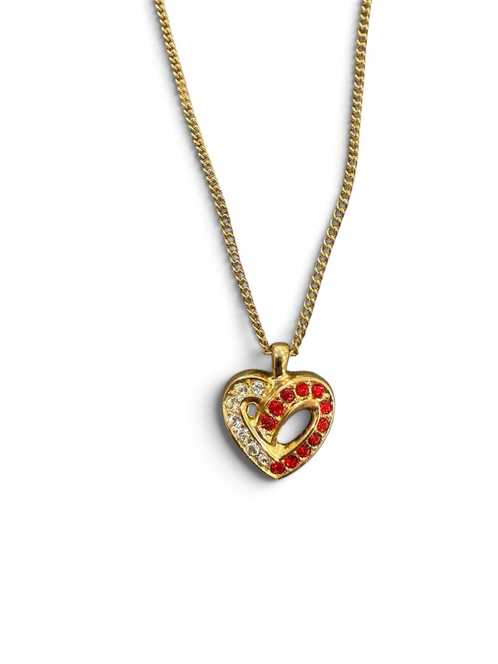 Gold Heart Pendant Necklace with Red and Clear Stones